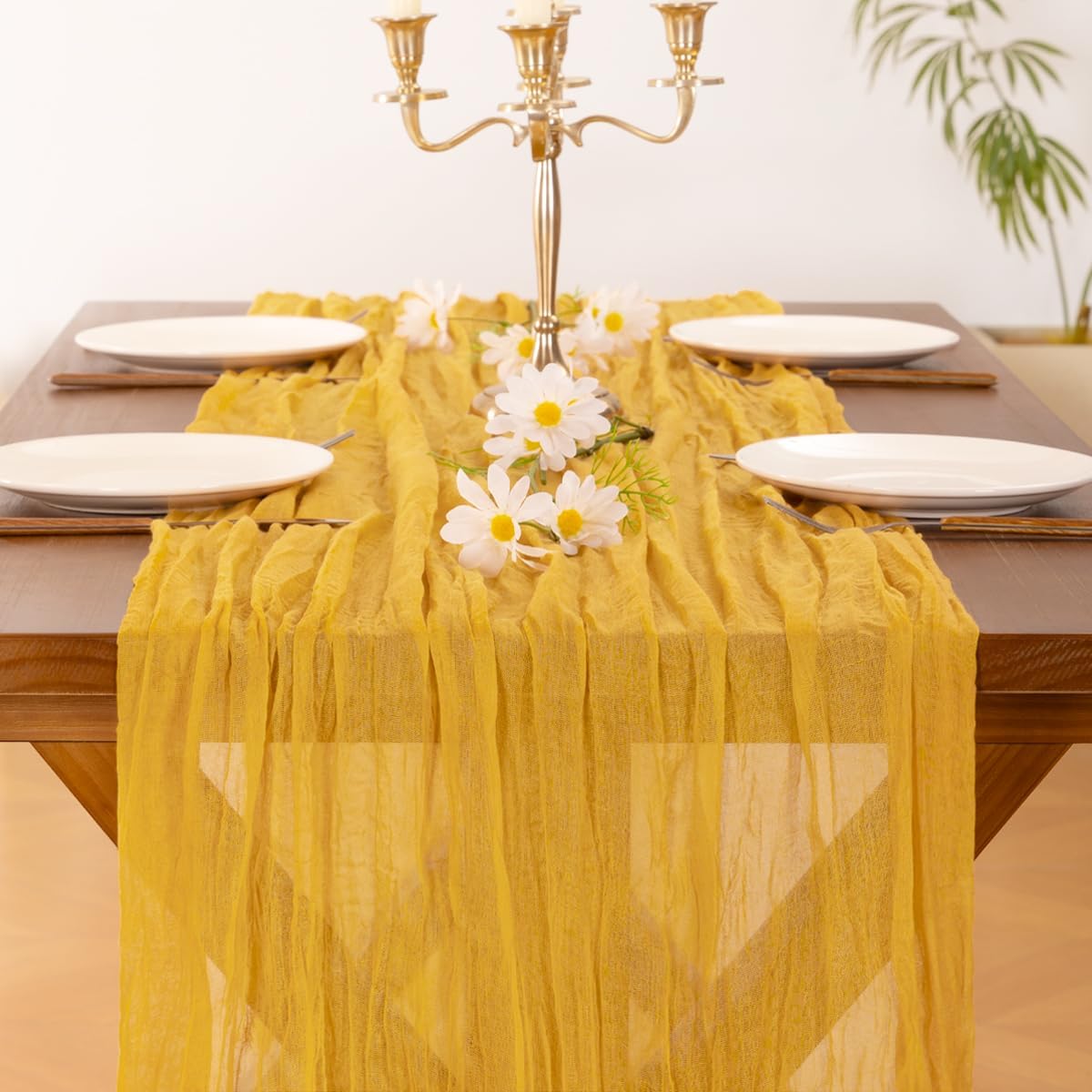 Socomi Cheesecloth Table Runner - 120 Inch Gold Yellow Boho Rustic Sheer Decor for Weddings & Events