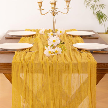 Socomi Cheesecloth Table Runner - 120 Inch Gold Yellow Boho Rustic Sheer Decor for Weddings & Events