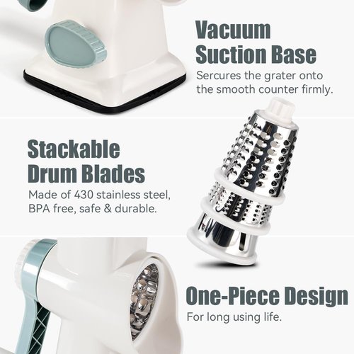 KEOUKE Rotary Cheese Grater - Hand Crank Shredder with 3 Stainless Steel Blades & Stable Suction | Safe Kitchen Tool