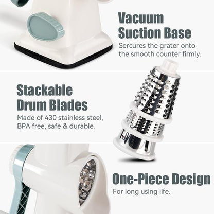 KEOUKE Rotary Cheese Grater - Hand Crank Shredder with 3 Stainless Steel Blades & Stable Suction | Safe Kitchen Tool
