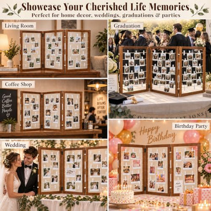 54x24 Inch Wood Photo Hanging Boards with Clips - 3-Panel Rustic Display