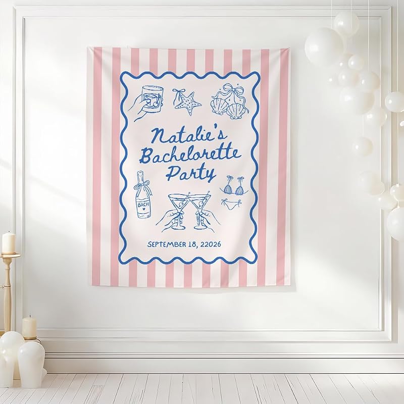 Personalized Bachelorette Backdrop Banner - Style 11, Custom Name Pink Stripes