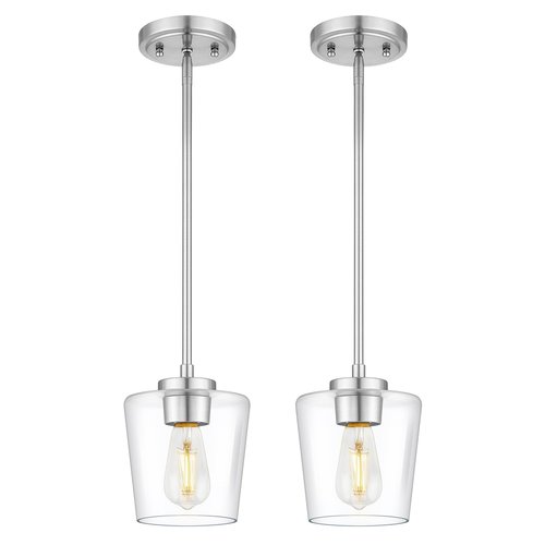 Audickic Pendant Lights Kitchen Island 2 Pack, 6" Brushed Nickel Hanging Lights Fixtures with Clear Glass Shade, Modern Brass Kitchen Pendant Lighting Over Island for Dining Room, AD-22004-1P2-SN-C