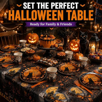 Halloween Party Supplies Set for 24 Guests - Plates, Napkins, Cups & Tablecloth