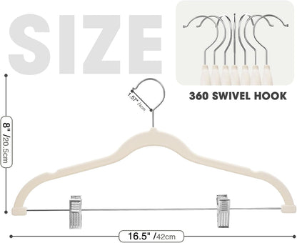 Skiennix 24-Pack Beige Velvet Hangers - Adjustable, Heavy-Duty, Non-Slip Design for Space Saving