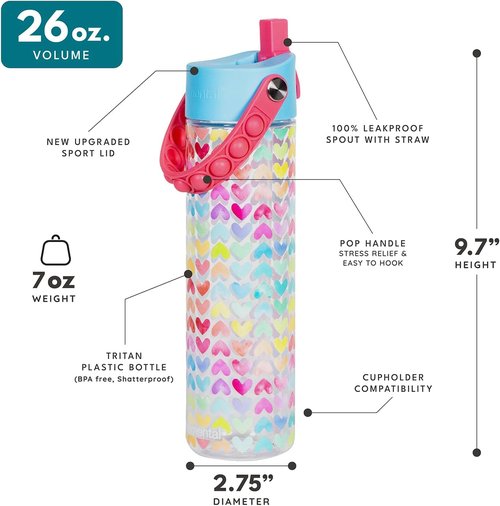 Elemental Splash Water Bottle - BPA-Free Tritan Plastic with Straw & Pop It Strap | 26oz Rainbow Heart - Leak Proof for Travel & Sports