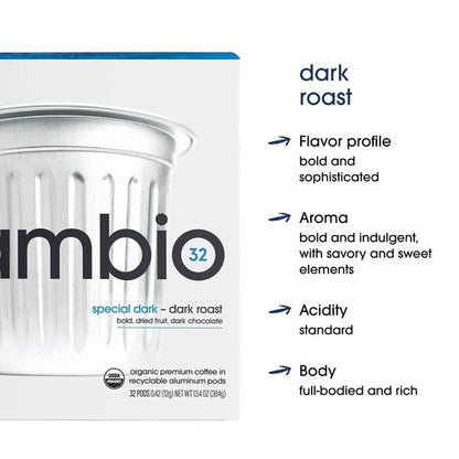 Cambio Roasters Special Dark Roast Organic Coffee Pods - The Only Organic Recyclable Aluminum Coffee Pods, Small Batch Roasted, Keurig® Compatible, Lower Acid, Bold Flavor, Lasting Freshness, 60 Count