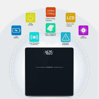 NUTRI FIT Digital Bathroom Scale for Body Weight Loss Watchers Electri Scales, 50g/0.1lb Discrepancy, Clear Backlit LCD Display and Step-On Techhology, 2*AAA Batteries Included, 330lb/150kg, Jet Black