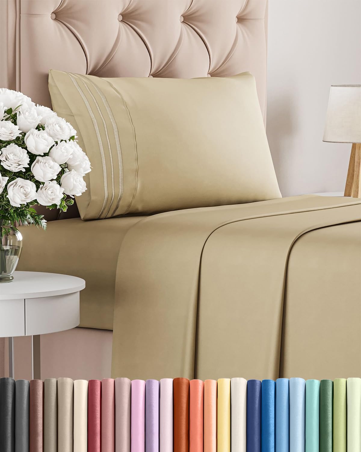 Skiennix Twin Size Sheet Set - Comfy Cooling Bed Sheets - Ultra-Soft, Deep Pockets, Wrinkle-Free - Oeko-Tex Certified - Beige