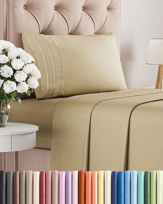 Skiennix Twin Size Sheet Set - Comfy Cooling Bed Sheets - Ultra-Soft, Deep Pockets, Wrinkle-Free - Oeko-Tex Certified - Beige