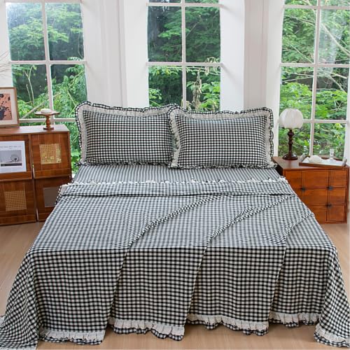 Queen Size Washed Cotton Sheet Set with Gingham Ruffle - Black & White