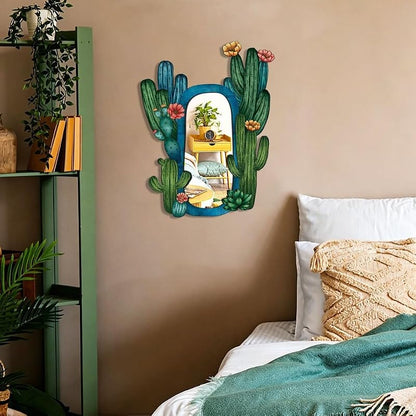11.8in Wood Wall Mirror (Cactus) — Rustic Natural Wood Frame, Horizontal or Vertical Mount