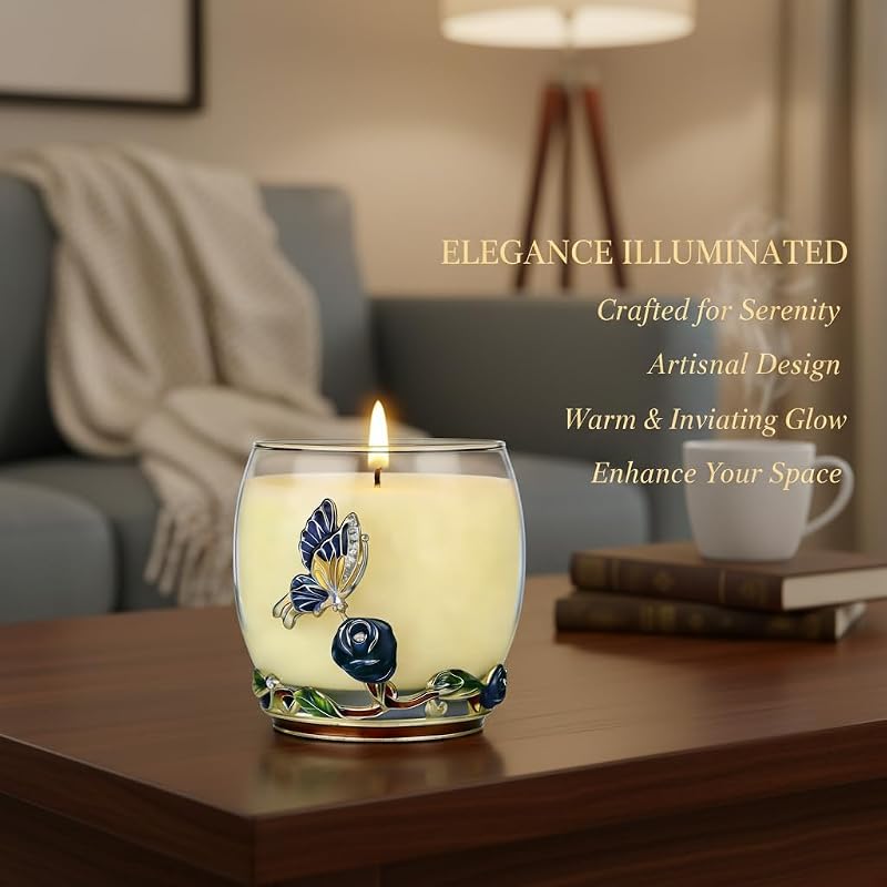 Blue Butterfly Rose Scented Soy Candle – Luxe Glass Jar with Crystal Lid, 60-80 Hr Burn
