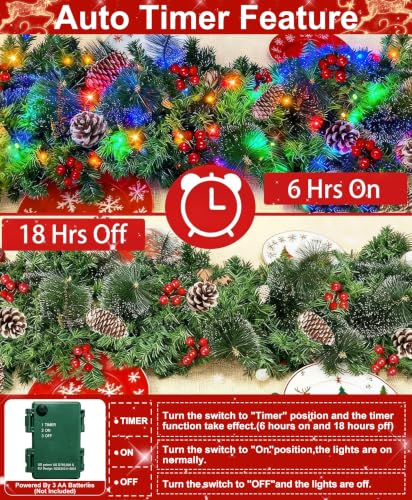Prelit Christmas Garland with 50 LED Color Lights, Timer, 9Ft x 10In