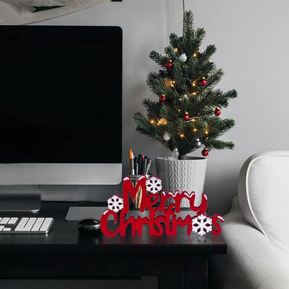 Red Merry Christmas Sign - Freestanding Wooden Tabletop Decor with 3D Snowflakes (Variation: Red)