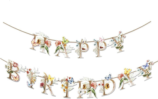 Wildflower Happy Birthday Banner - Spring Garden Party Decorations with Butterfly Design | Floral Bday Sign
