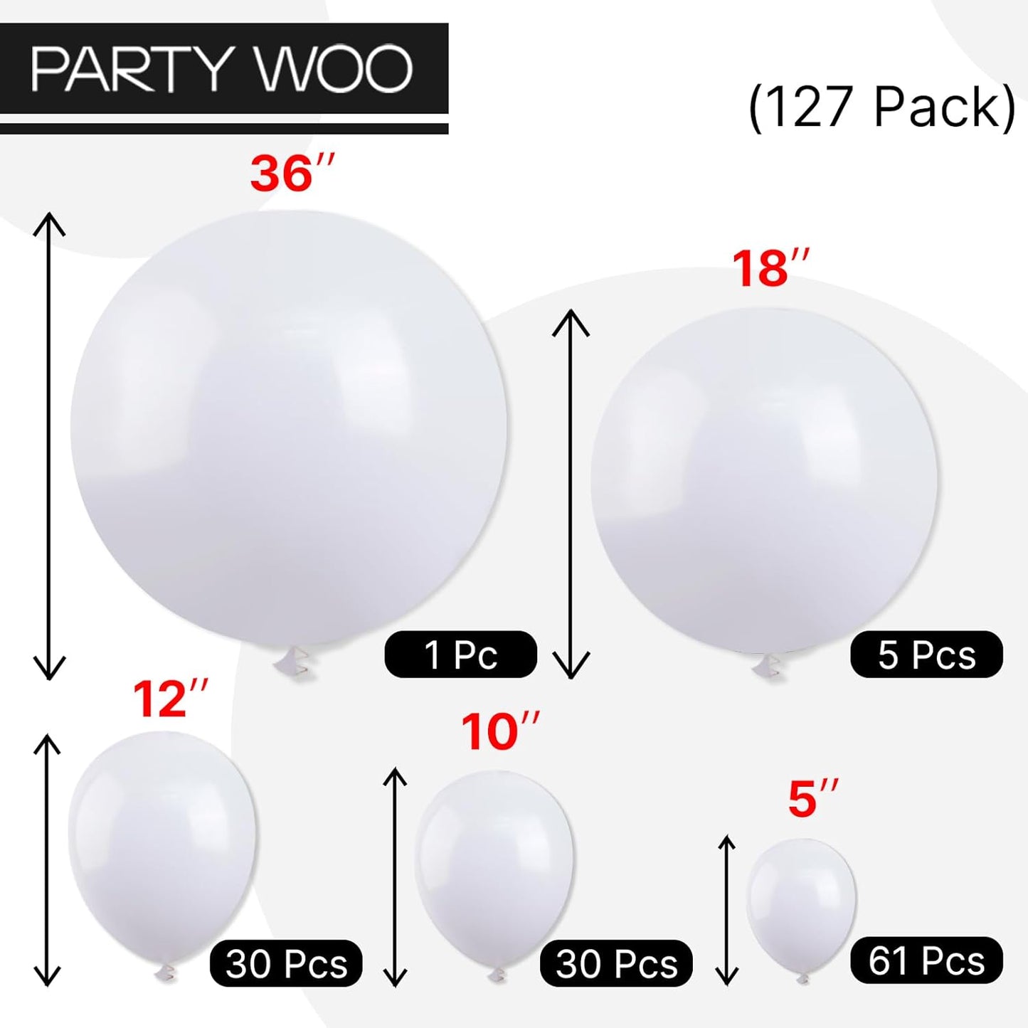 PartyWoo White Balloons - 127-Piece Matte Latex Balloon Arch Kit for Weddings, Graduations & Parties | 5-18 Inch Sizes