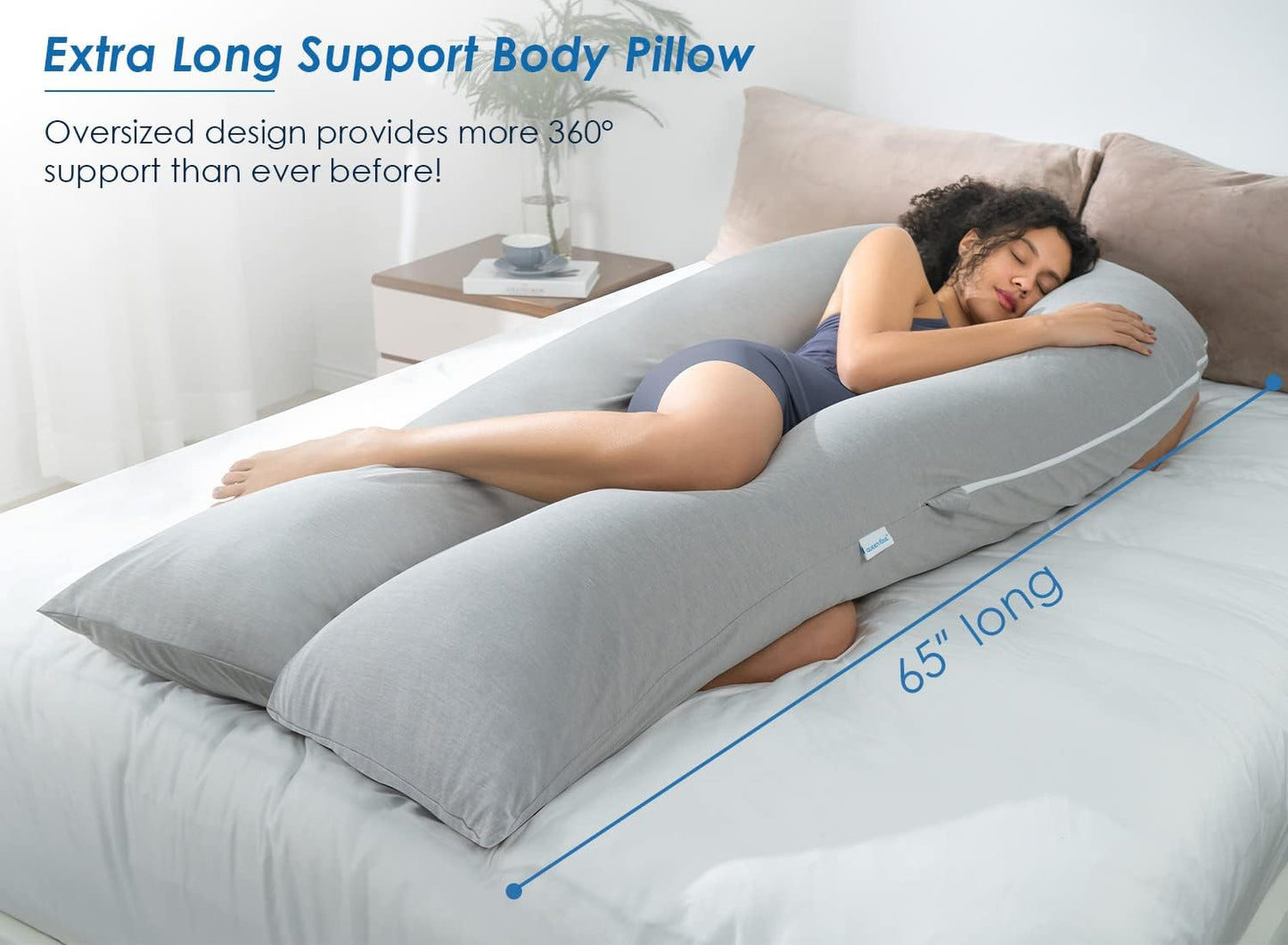 Queen Rose Extra Long U-Shaped Body Pillow - Cooling Maternity Support Pillow, 65 Inch, Grey