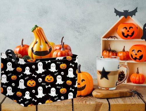 HIYAGON Rectangular Halloween Basket for Boys and Girls Kids Trick or Treat Pumpkin Basket for Halloween Parties Cute Storage Bin Organizer Box Room Decor(Black ghost)