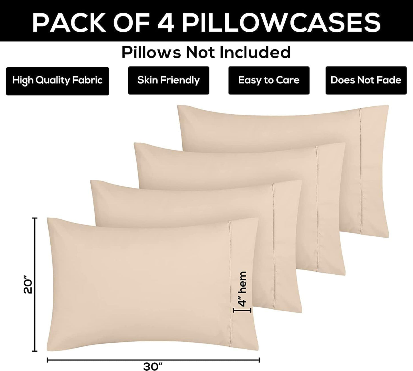Utopia Bedding Standard Pillow Cases - Soft Brushed Microfiber - 4 Pack - 20 X 26 Inches | Fade Resistant, Beige