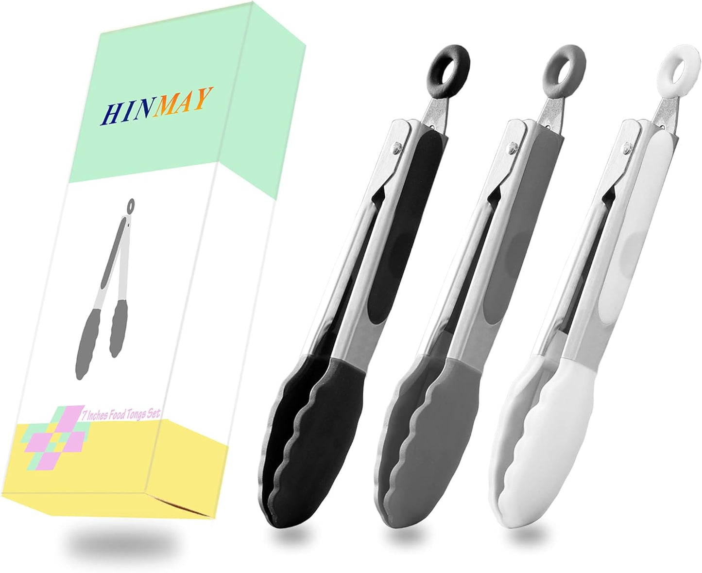 Skiennix 7-Inch Mini Silicone Tongs - Set of 3 in Black, Gray, and White for Easy Serving