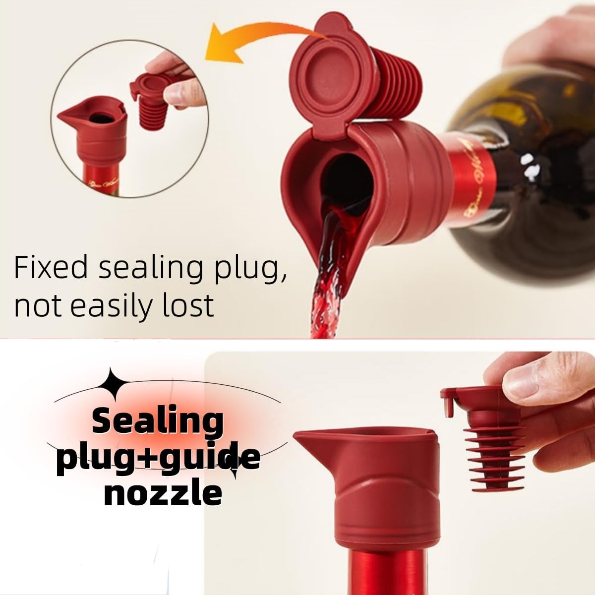 Silicone Wine Bottle Stopper with Guide Nozzle Keep Wine Fresh Reusable Wine Preserver Seals With 3 in 1 Kechain Fixed Sealing Plug Design For Soy Sauce, Cooking Wine, Oilg(Red+Orange+Gray)