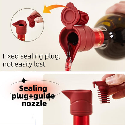 Silicone Wine Bottle Stopper with Guide Nozzle Keep Wine Fresh Reusable Wine Preserver Seals With 3 in 1 Kechain Fixed Sealing Plug Design For Soy Sauce, Cooking Wine, Oilg(Red+Orange+Gray)