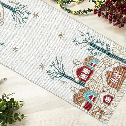 Lightnpro Poinsettia Beaded Table Runner - White Red Multi 13x36 Inch Holiday Decor