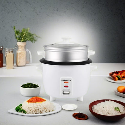 OVENTE Electric Rice Cooker - 10-Cup Capacity, Nonstick Pot & Steaming Basket Included | White RCS01W