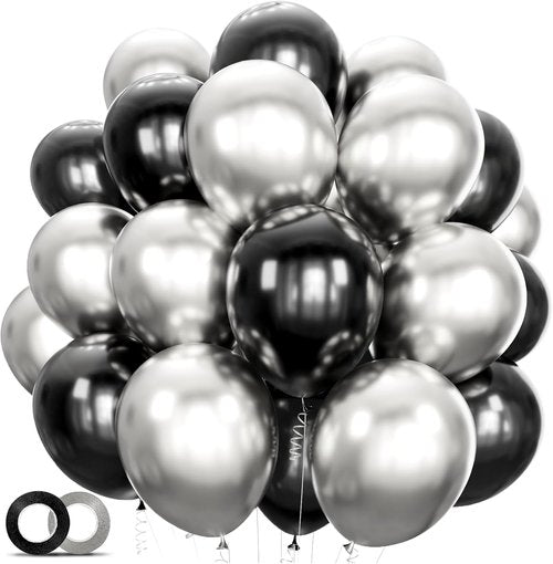 100pcs Metallic Black & Silver Balloons - 12 Inch Latex Party Decorations for Birthdays & Events