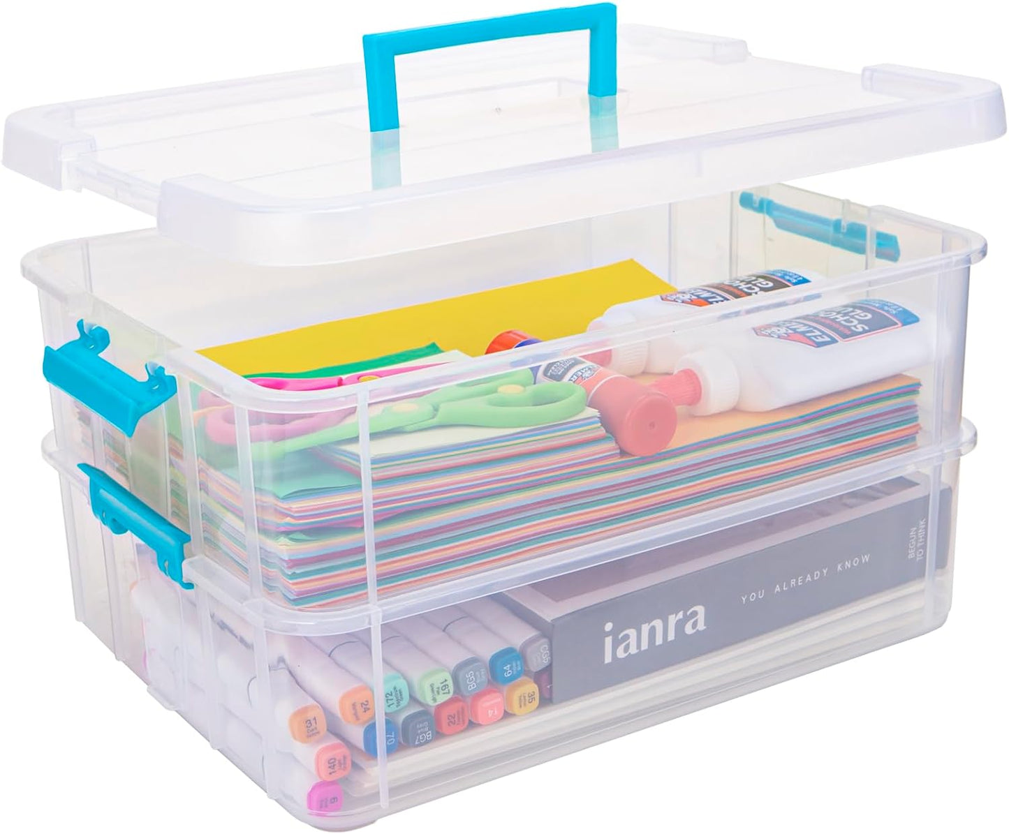 TERGOO Clear Plastic Storage Containers - 2 Layer Stackable Organizers for Crafts, Makeup & More | Portable Blue Bins