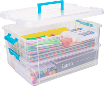 TERGOO Clear Plastic Storage Containers - 2 Layer Stackable Organizers for Crafts, Makeup & More | Portable Blue Bins