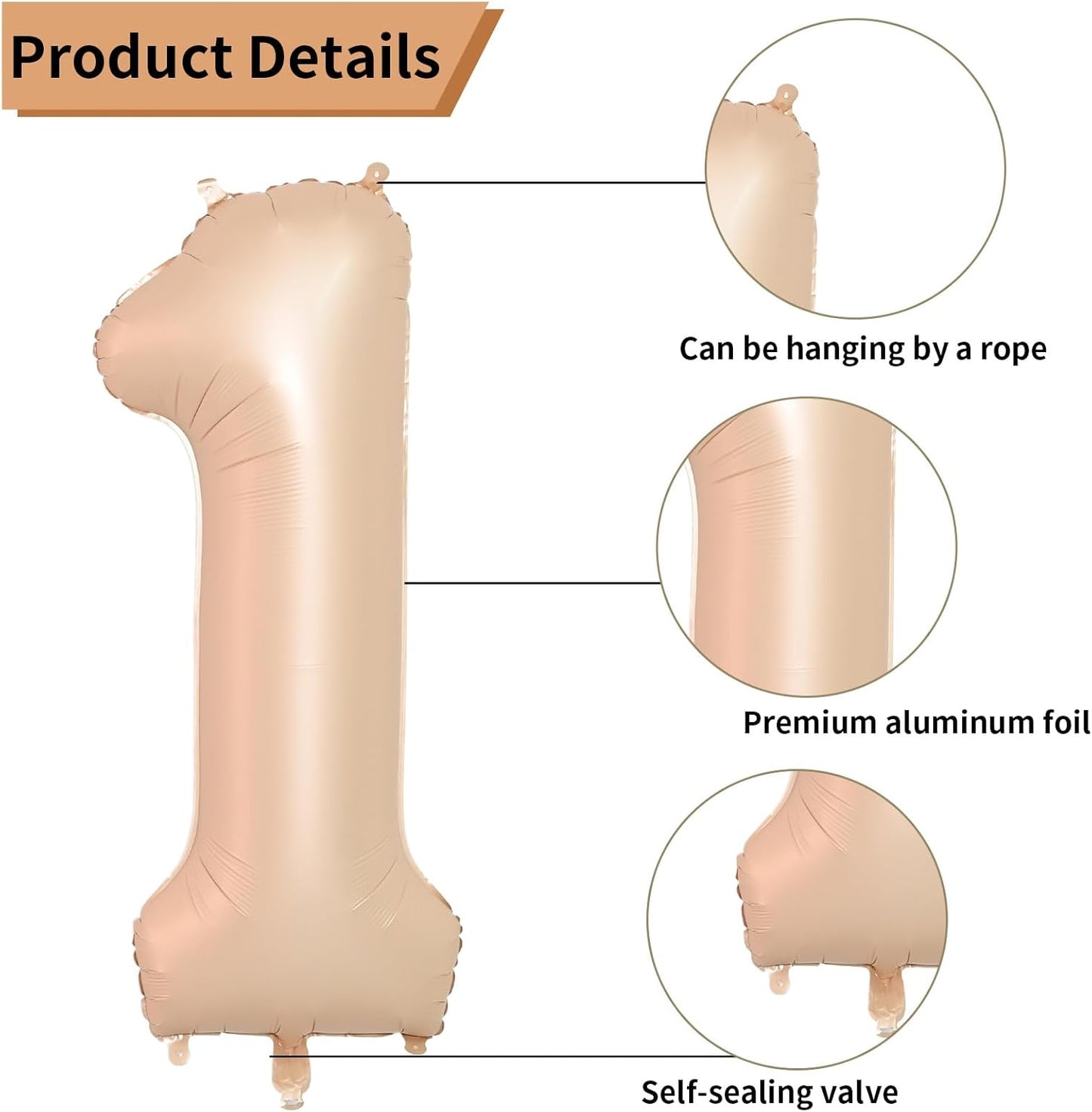 Biapian 40-Inch Light Brown Number 1 Balloon - Caramel & Cream Foil Heart for 1st Birthday Decor