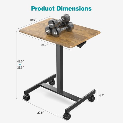 DUMOS Portable Rolling Laptop Desk - Adjustable Height Mobile Workstation | 19 Inch, Brown