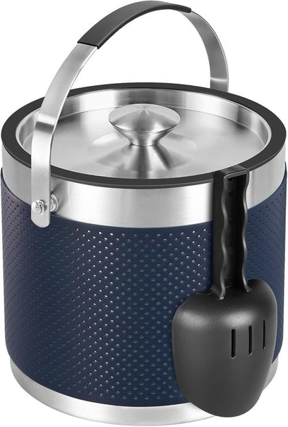3Quart/3.2L Insulated Stainless Steel Ice Bucket with Lid, Scoop, Leather Design Double Wall Wine Bucket for Cocktail Bar, Parties (Dark Blue)