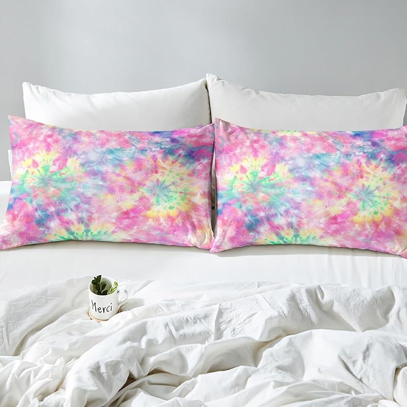 Kids Tie Dye Pink Bed Sheet Set 4 Pcs Queen – Deep Pocket Fitted Sheets Included, Boho Batik Sheeting