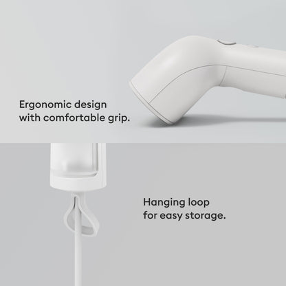Steamery Handheld Clothes Steamer Cirrus Core, 1350W, Steam Output 0.74 oz/min, Heat up in 15 Seconds, Dry Steam Technology, Hanging Loop, Visible Water Tank, Portable, Scandinavian Design (White)