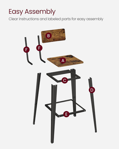 VASAGLE Bar Stools Set of 2 - 29.1-Inch Tall Industrial Style Chairs with Back - Rustic Brown & Ink Black