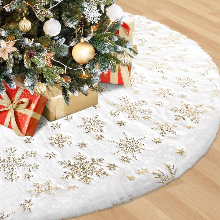 EverMerry 48 Inch White Christmas Tree Skirt with Snowflake Design