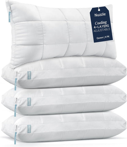 Skiennix Cooling Adjustable Pillows - Luxury Queen Size Set of 4 for Side Sleepers | Soft & Firm Comfort