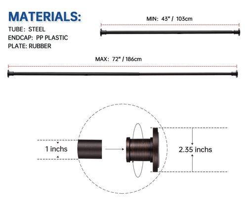 BRIOFOX Industrial Shower Curtain Rod - Never Rust Non-Slip 43-72 Inch Stainless Steel, Bronze, Painted-gold Finial