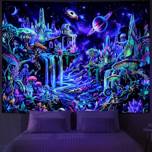 Blacklight Galaxy Space Tapestry UV Mushroom Planet Wall Hanging - Alien, 59.1" x 51.2"