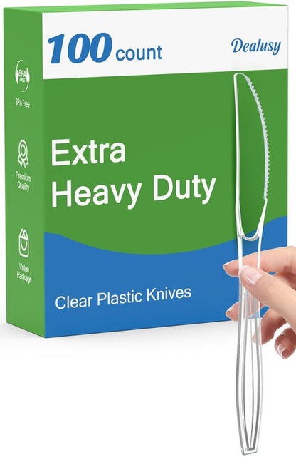 Dealusy 100 Count Extra Heavy Duty Clear Plastic Knives Disposable, BPA-Free, Heat Resistant, Solid and Durable Disposable Knives Bulk, Premium Plastic Knives heavy duty for Party Supply