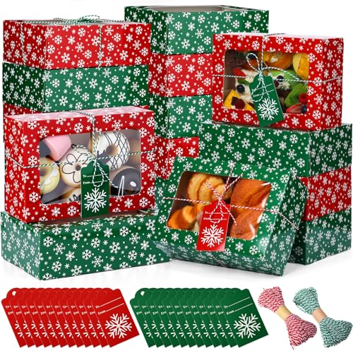 Glenmal 24 Pack Christmas Cookie Boxes with Window Snowflake Pattern 9x6x3 Inches - Holiday Gift Packaging