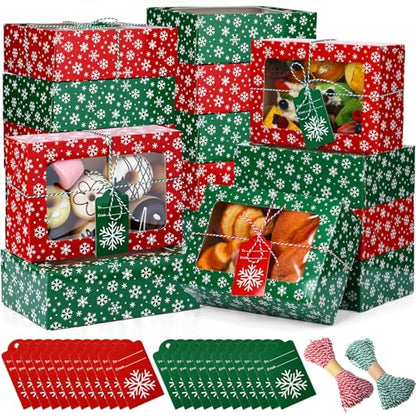 Glenmal 24 Pack Christmas Cookie Boxes with Window Snowflake Pattern 9x6x3 Inches - Holiday Gift Packaging
