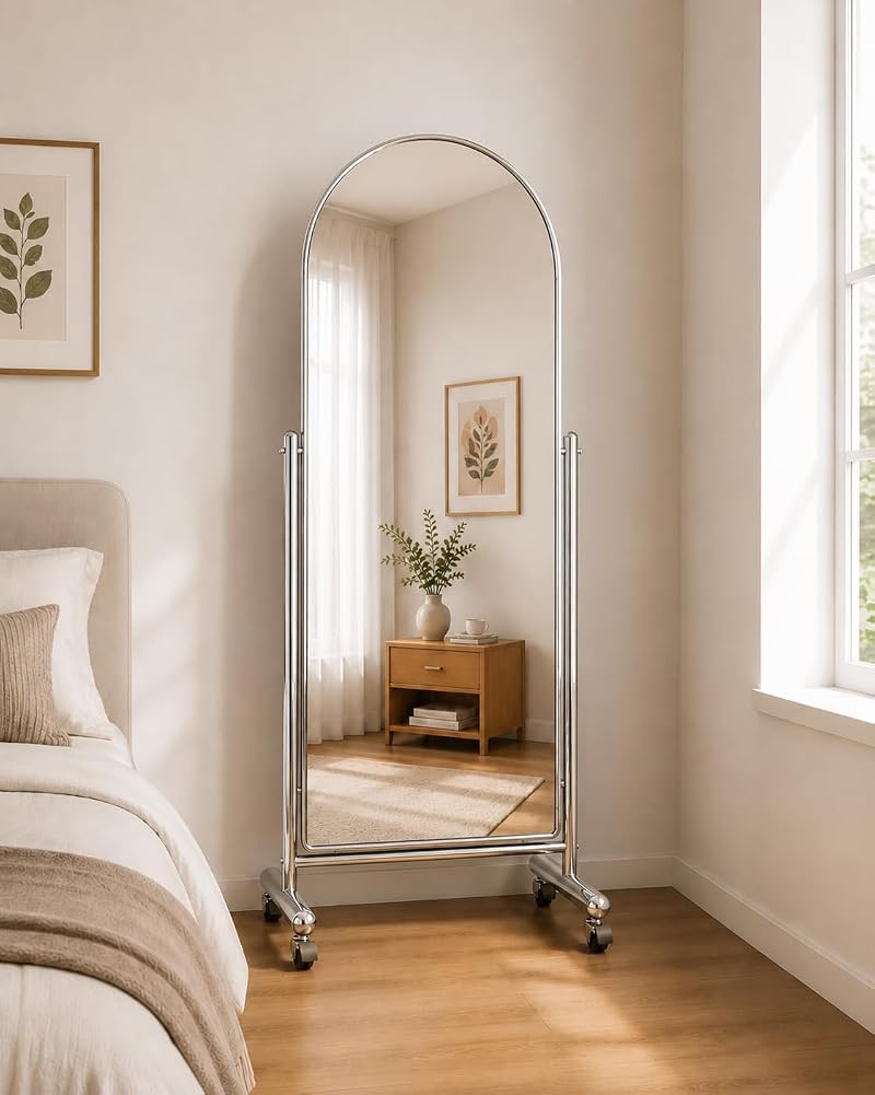 Arched Full Length Mirror with Wheels 65" x 24" - Tilting Stainless Steel Framed Full Body Mirror (Silver)