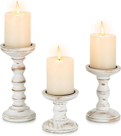 Candeldo Wood Candle Holders - Rustic Pillar Candle Holders Set of 3 | Tall Shabby Chic Decor