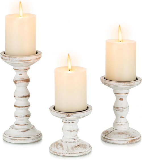 Candeldo Wood Candle Holders - Rustic Pillar Candle Holders Set of 3 | Tall Shabby Chic Decor
