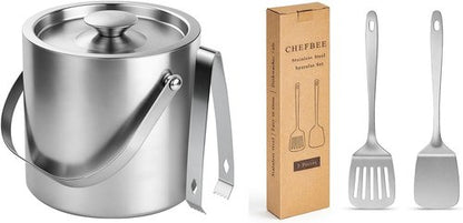 Chefbee 3L Double-Wall Stainless Steel Ice Bucket and 2PCS Metal Spatula Set