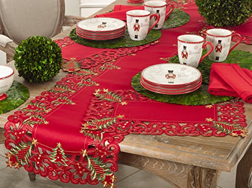 Christmas Tree Tablecloth - Red, 67 x 104 Inches, Holiday Decor with Gold Stars